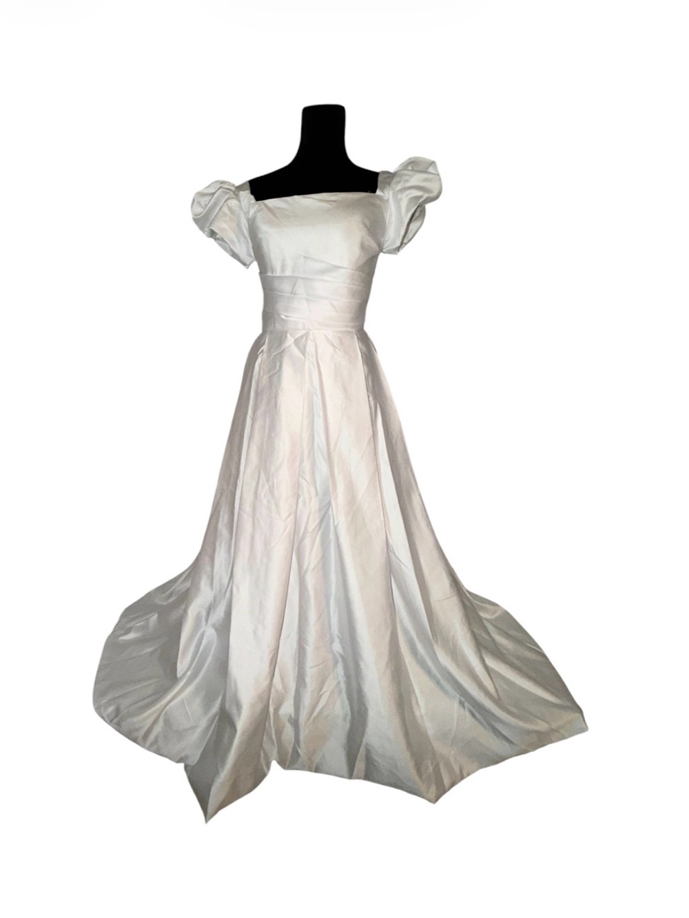 White Satin Wedding Dress Bride Puff Sleeve Lace Up Back Tie Lined Sz 8 Flare